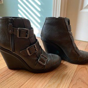 Gray strappy high heel booties